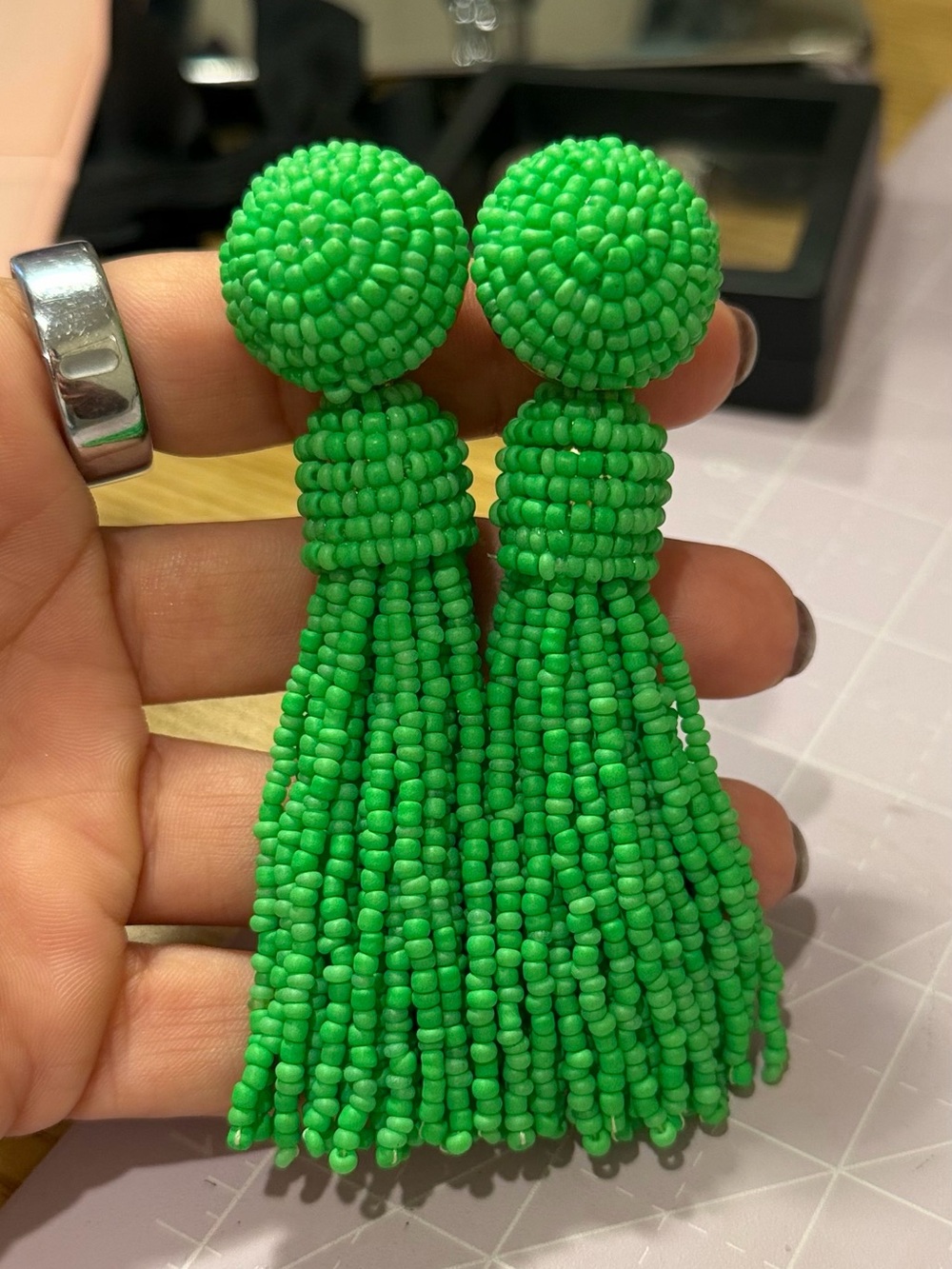 Bold Green Beaded Tassel Earrings